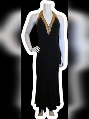 Mystique Boutique Black Maxi Halter Dress with Gold Sequin V-Neck